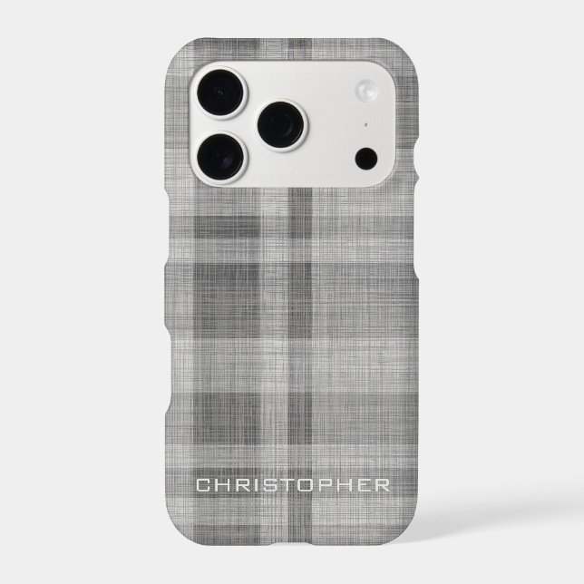 Modern Linen Plaid Pattern Personalized Name Iphone Case (Back)