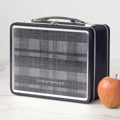 Modern Linen Plaid Pattern with Name _ black grey Metal Lunch Box