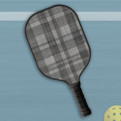 Modern Linen Plaid Pattern with Name _ black grey Pickleball Paddle
