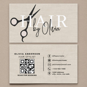 Modern Linen Scissors QR Code Hair Stylist Business Card