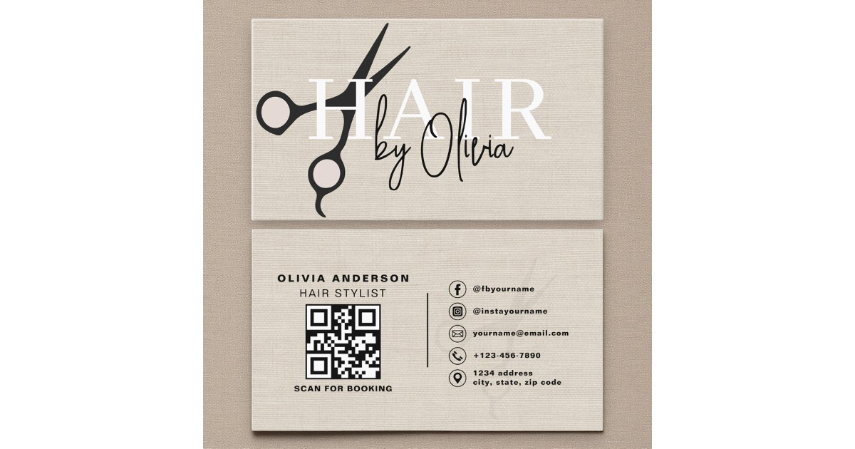 Modern Linen Scissors QR Code Hair Stylist Business Card | Zazzle
