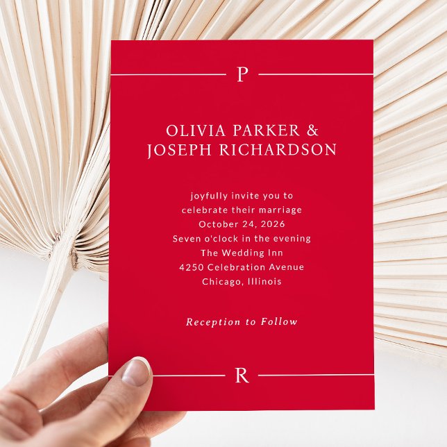 Modern Lines and Monogram | Cherry Red Wedding Invitation (Creator Uploaded)