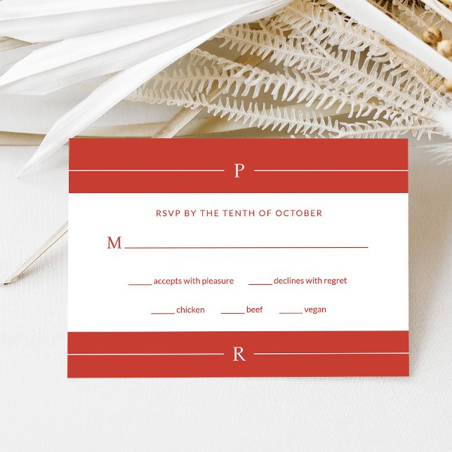 Modern Lines and Monogram | Poppy Red Wedding RSVP Card (Creator Uploaded)