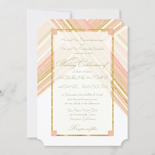 Modern Lines Art Deco Blush Gold Glitter Wedding Invitation