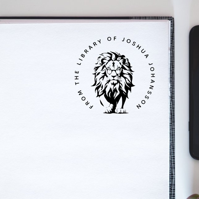 Modern Lion Wearing Glasses Custom Library Book Rubber Stamp (Creator Uploaded)