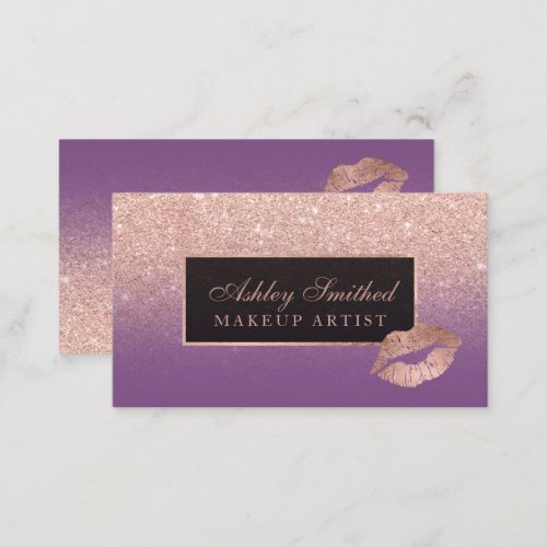 Modern lips rose gold glitter purple ombre makeup business card