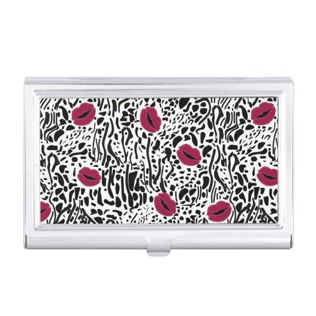 Modern Lipstick Lips B&W Pattern Business Card Case (Front)