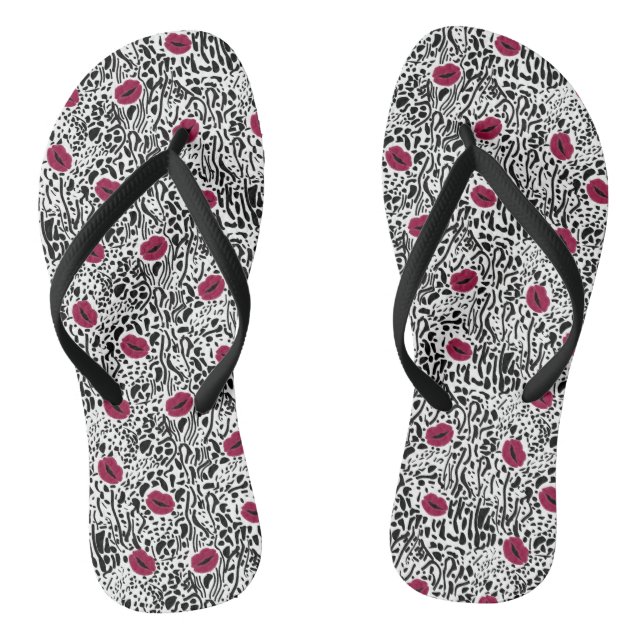 Modern Lipstick Lips B&W Pattern Flip Flops (Footbed)