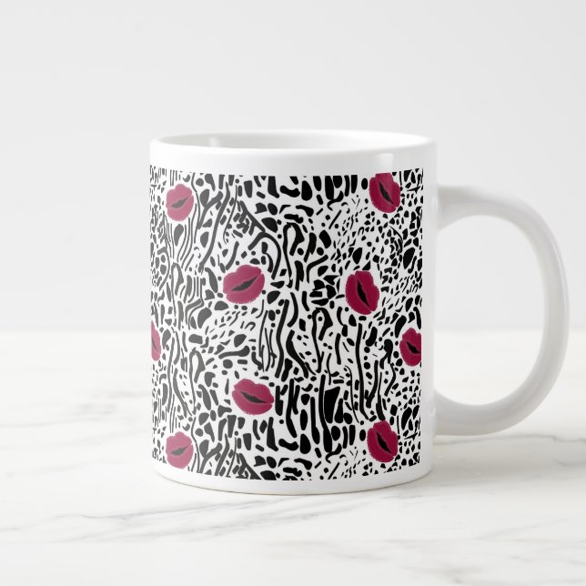 Modern Lipstick Lips B&W Pattern Giant Coffee Mug (Right)