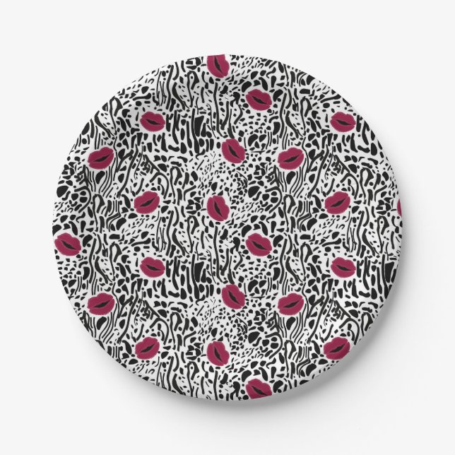 Modern Lipstick Lips B&W Pattern Paper Plates (Front)