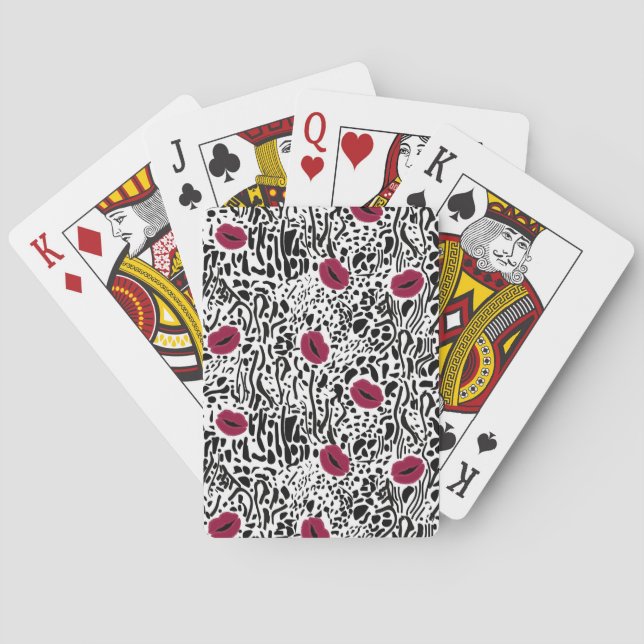 Modern Lipstick Lips B&W Pattern Poker Cards (Back)