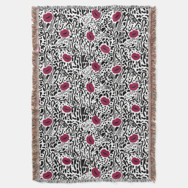 Modern Lipstick Lips B&W Pattern Throw Blanket (Front Vertical)
