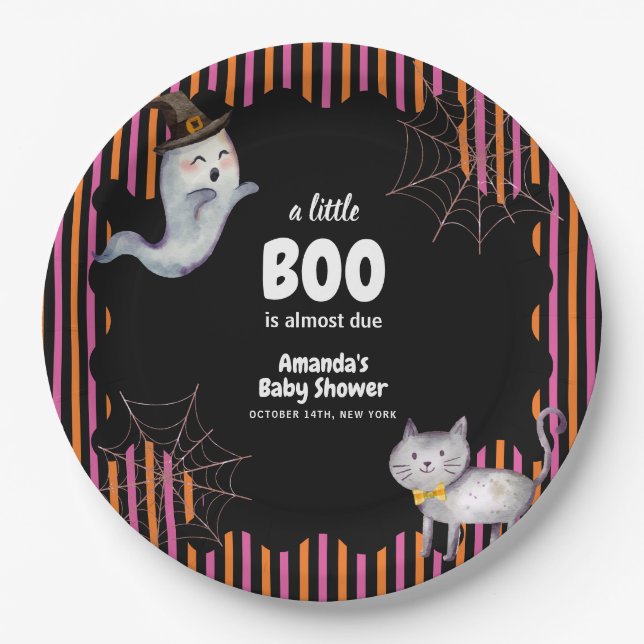 Modern Little Boo Ghost Cat Baby Shower  Paper Plates (Front)