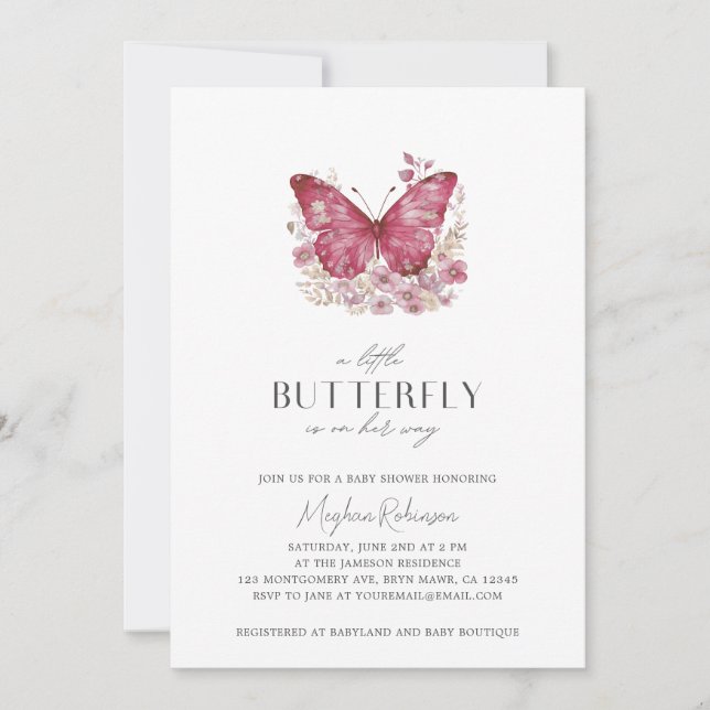 Modern Little Butterfly Is On Her Way Baby Shower Invitation (Front)