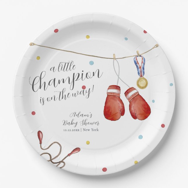 Modern Little Champion Boxing Sport Baby Shower Paper Plates (Front)