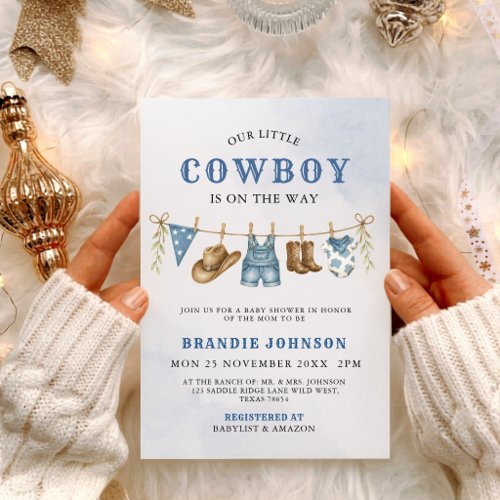 Modern Little Cowboy Blue Clothesline Baby Shower Invitation