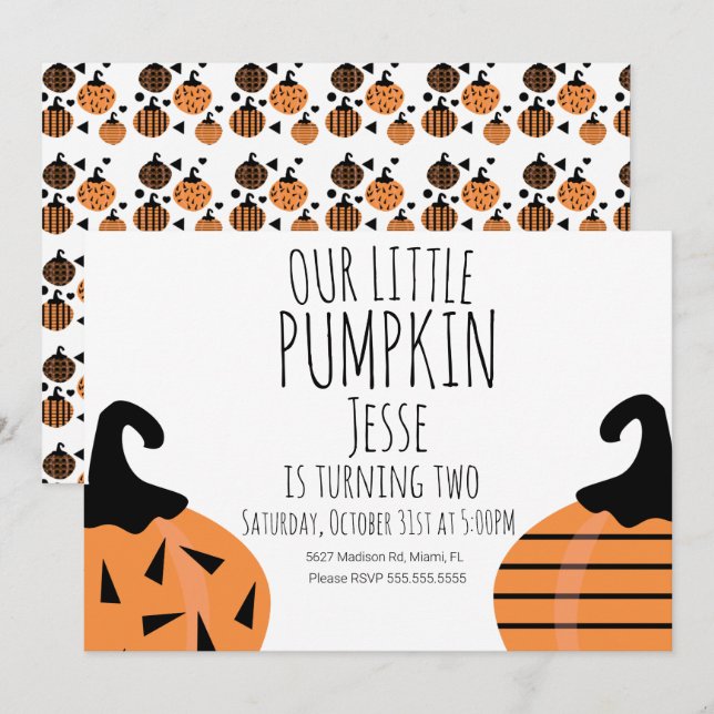 Modern Little Halloween Pumpkin Birthday Invitation (Front/Back)