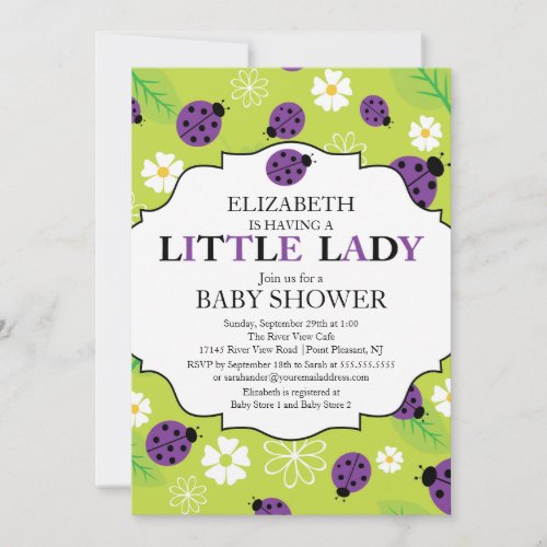 Modern Little Lady Purple Ladybug Baby Shower Invitation