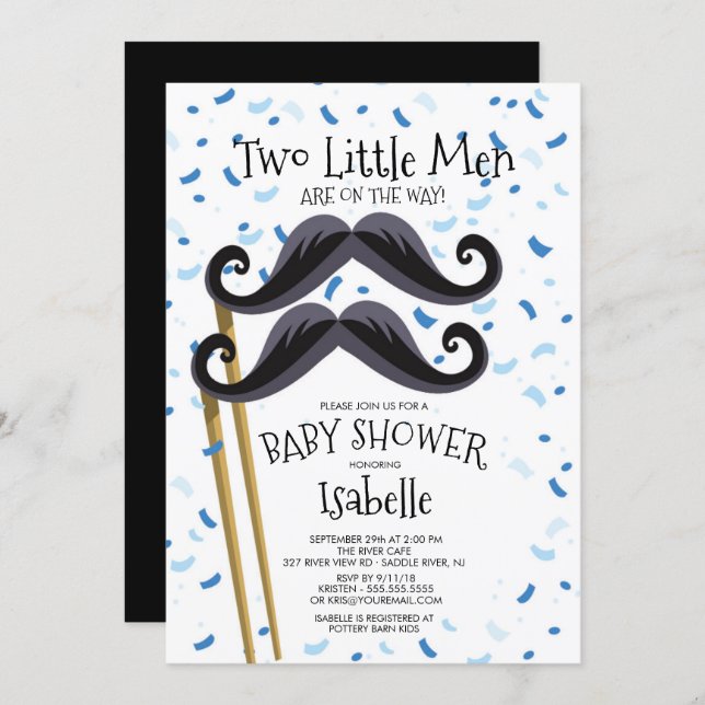 Modern  Little Men Mustache Twins Baby Shower Invitation (Front/Back)