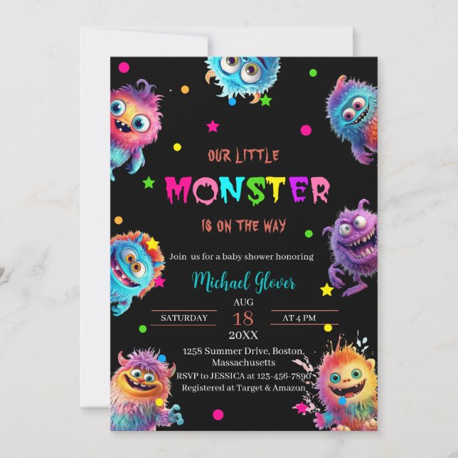 Modern Little Monsters Watercolor baby shower Invitation (Front)