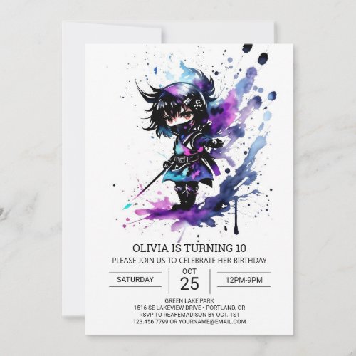 Modern Little Ninja Girl Birthday Invitation