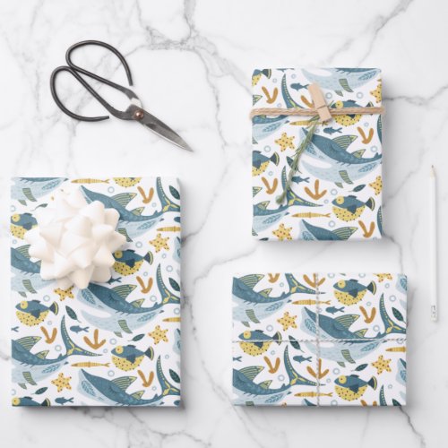 Modern Little Shark Birthday Boy Gift Favor Wrapping Paper Sheets