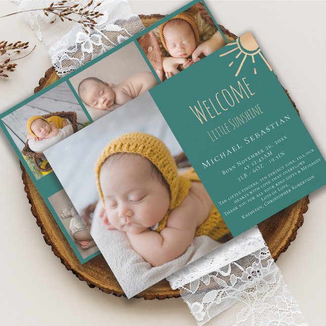 Modern Little Sunshine Newborn Photo Collage Birth Announcement (Creator Uploaded)