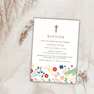 Modern Little Wildflower Pattern Cross Baptism Invitation