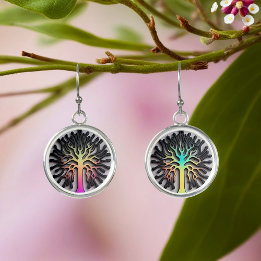 modern living tree hologram bicolor pink green earrings