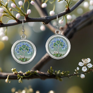 modern living tree Sakura blue green westie dog Earrings