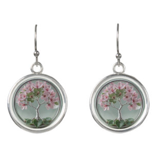 modern living tree Sakura pink silver Earrings