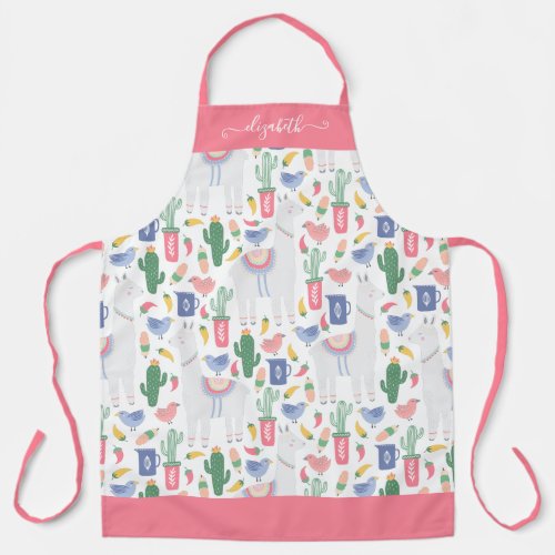 Modern Llama Cactus Blush Pink Girly Script Name Apron