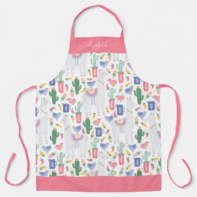 Modern Llama Cactus Blush Pink Girly Script Name Apron (Front)