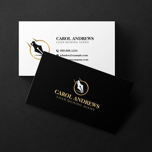 Modern Loan Signing Agent Notary Public Gold Black Business Card