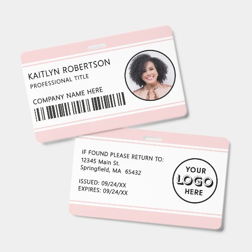 Modern Logo Barcode Blush Pink Employee Photo ID Badge