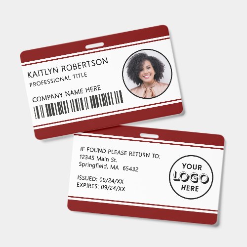 Modern Logo Barcode Burgundy Employee Photo ID Badge