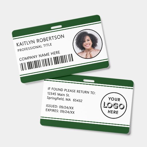 Modern Logo Barcode Dark Green Employee Photo ID Badge
