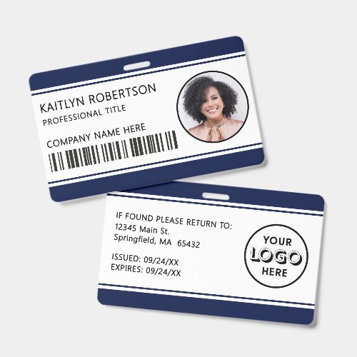 Modern Logo Barcode Navy Blue Employee Photo ID Badge