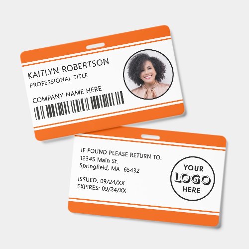 Modern Logo Barcode Orange Employee Photo ID Badge