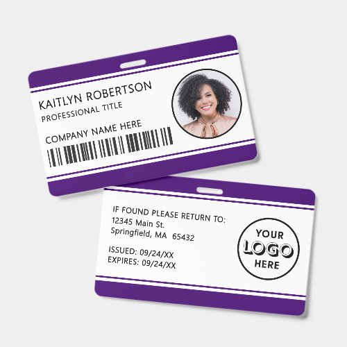 Modern Logo Barcode Purple Employee Photo ID Badge