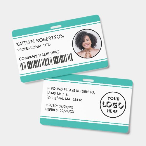 Modern Logo Barcode Turquoise Employee Photo ID Badge