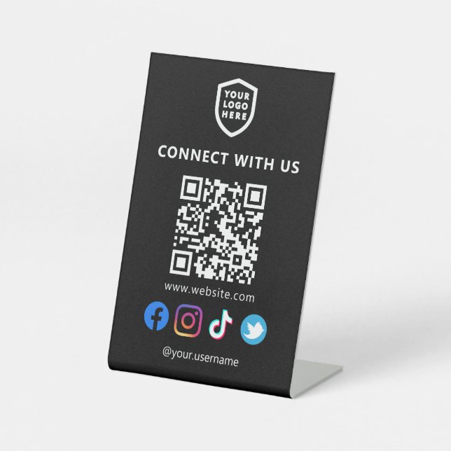 Modern Logo | Black Social Media QR code Pedestal Sign (Front)