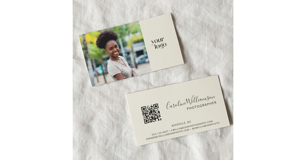 Modern Logo Boho QR Code Photo Black and White Business Card | Zazzle