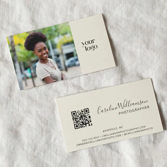 Modern Logo Boho QR Code Photo Black and White Business Card | Zazzle