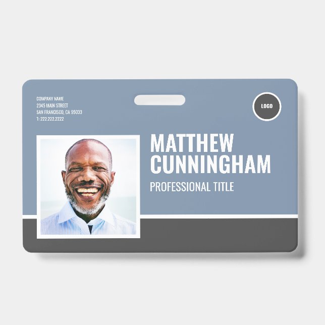 Modern Logo Employee Photo Name Barcode Horizontal Badge (Front)