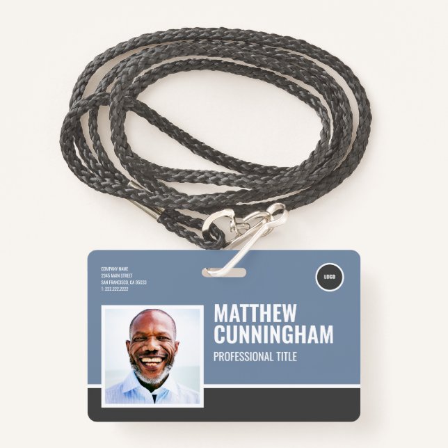 Modern Logo Employee Photo Name Barcode Horizontal Badge (Front with Lanyard)
