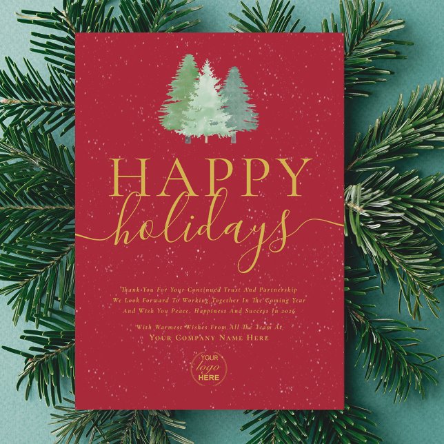 Modern Logo Festive Tree Red Gold Business Holiday Card (Modern watercolor snowy christmas trees company logo business red and gold holiday card)