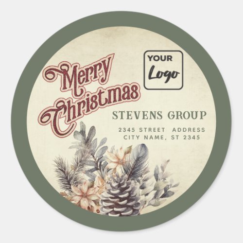Modern logo Merry Christmas pine cone floral Classic Round Sticker
