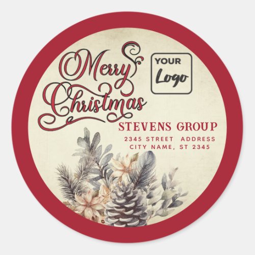 Modern logo Merry Christmas pine cone floral Classic Round Sticker