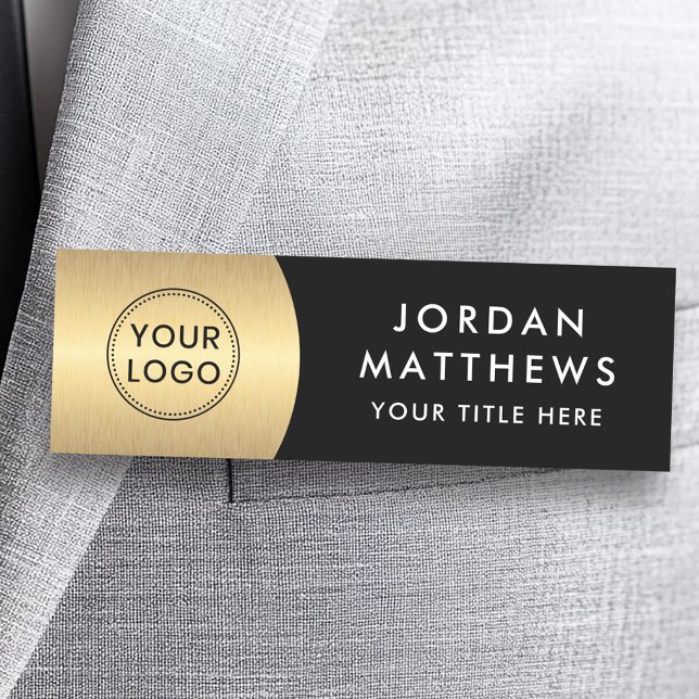 Modern logo, name and title golden gradient black  name tag (Modern logo, name and title golden gradient black name tag)